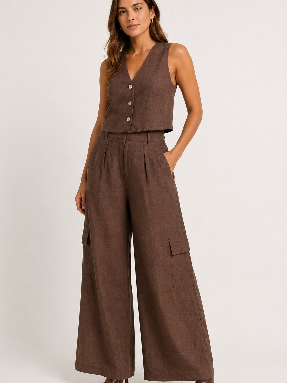HEVRON Maggie 100% Linen Wide Leg Cargo Pants Chocolate Brown Size 6